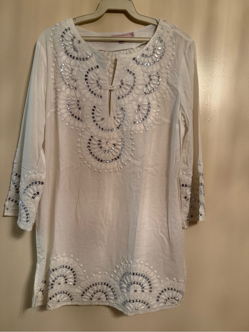 Embellished White Cotton Tunic Top